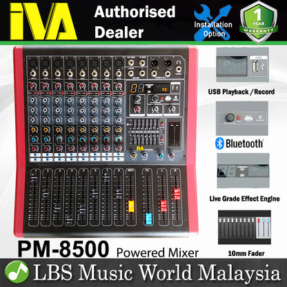 IVA PM-8500 2 X 500 Watt 8 Channel Powered Mixer With USB Bluetooth and Power Effect (PM8500 PM 8500)