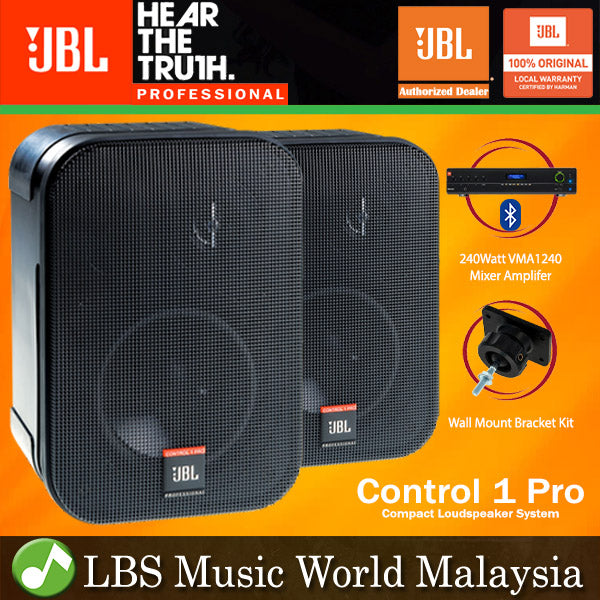 JBL C1 PRO Two Way Professional Compact Loudspeaker System Pair with VMA1240 240 Watt Bluetooth USB Mixer Amplifier (VMA 1240)
