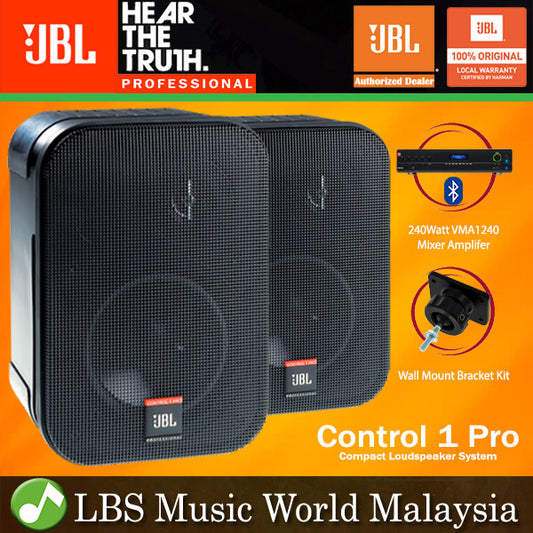 JBL C1 PRO Two Way Professional Compact Loudspeaker System Pair with VMA1240 240 Watt Bluetooth USB Mixer Amplifier (VMA 1240)