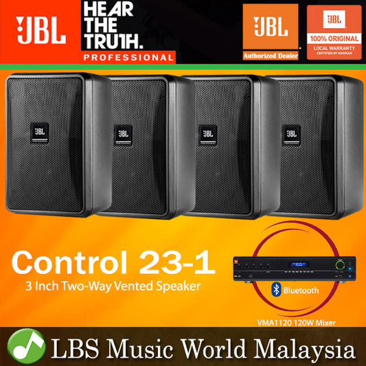 JBL Control 23-1 3 Inch Two-Way Vented Speaker with VMA1120 120W Mixer Amplifier with USB and Bluetooth Package (VMA-1120)