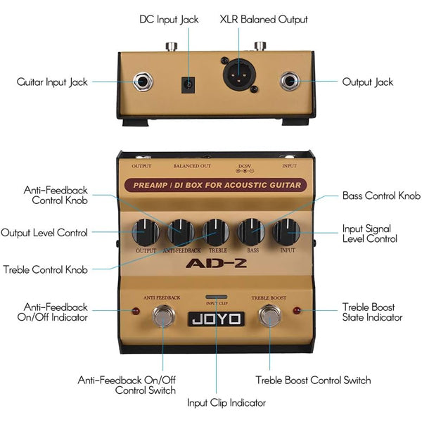 Joyo AD-2 Acoustic Guitar Preamp and Direct Box with Built in Dual Band EQ (AD2 AD 2)