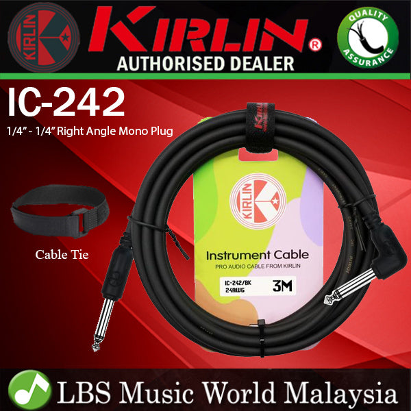Kirlin Cable IC-242 3 Meter Mono Right Angle L Plug Instrument Cable For Electric Acoustic Bass Guitar Speaker Amp Keyboard Drum Amplifier