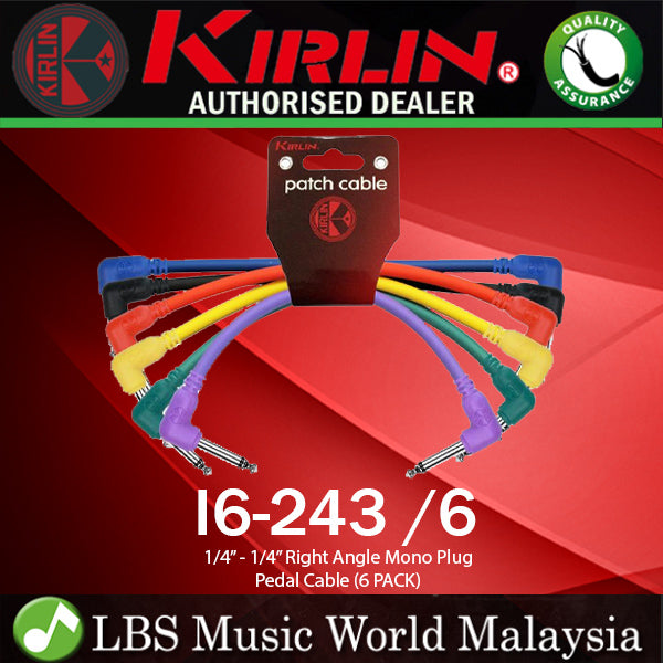 Kirlin I6-243 /6 6 Inch Colorful Patch Cable Right Angle L Mono Plug For Electric Guitar Effect Pedal - 6 Pack