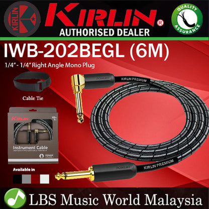 Kirlin IWB-202BEGL 6 Meter Premium Plus Gold Jack Woven Instrument Cable For Electric Acoustic Bass Guitar Speaker Amp Keyboard Drum Amplifier