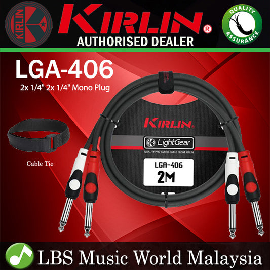 Kirlin LGA-406 2 Meter Dual 1/4 Inch Mono Plug LightGear Audio Patch Interconnect Cable Black