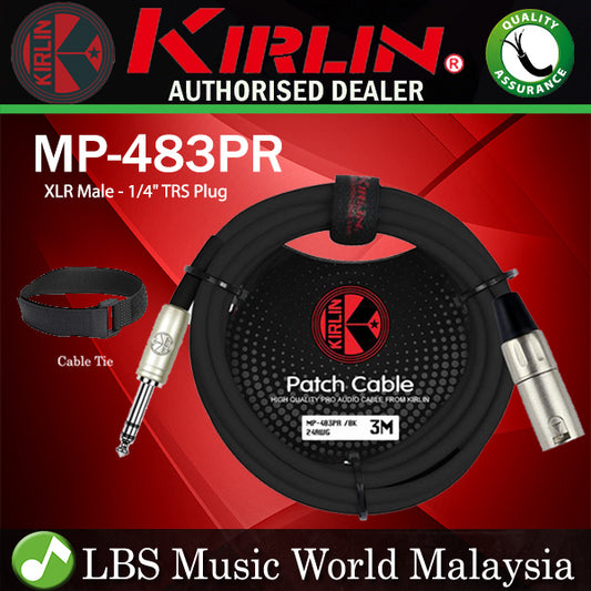 Kirlin MP-483PR 3 Meter XLR Male to 1/4 Inch TRS Audio Plug Monitor Speaker Cable - Black