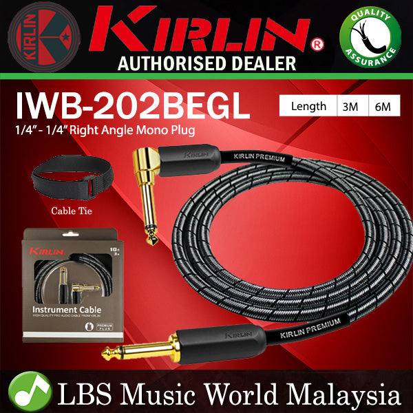 Kirlin IWB-202BEGL Premium Plus Gold Jack Woven Instrument Cable For Electric Acoustic Bass Guitar Speaker Amp Keyboard Drum Amplifier - Metallic Black