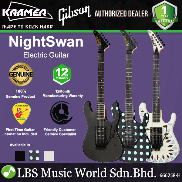 KRAMER NightSwan Double Cutaway Electric Guitar HH Pickup with Ebony Fingerboard and Tremolo (Night Swan)