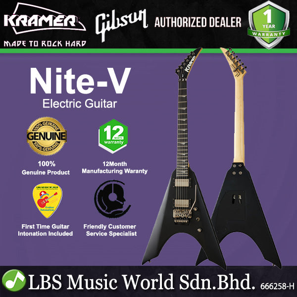 KRAMER Nite-V Flying V Electric Guitar HH Pickup with Ebony Fingerboard and Tremolo (Nite V) - Satin Black