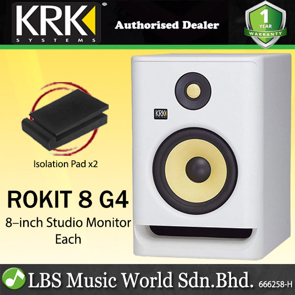 KRK ROKIT 8 G4 8 Inch Powered Active Studio Monitor Speaker White Noise with Isolation Pad - Each (RP8G4WN RP8G4)
