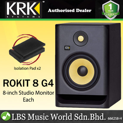 KRK ROKIT 8 G4 8 Inch Powered Active Studio Monitor Speaker Black with Isolation Pad - Each (RP8G4)