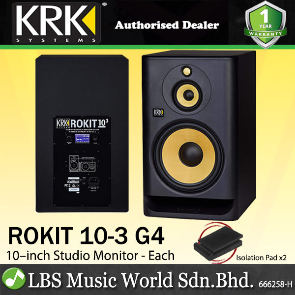KRK ROKIT 10-3 G4 10 Inch 300 Watt 3 Way Active Powered Studio Monitor Speaker with Isolation Pad - Each (RP10G4 Rokit 10)