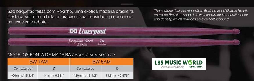 Liverpool Drumstick Brazillian Roxinho Wood Series Wood Tip Drum Stick - BW 5AM 7AM