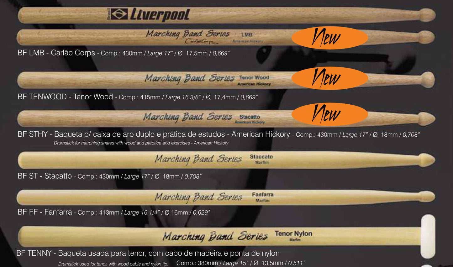 Liverpool Drumstick Marching Band Wood Tip American Hickory Drum Stick - BF LMB CXAT STHY TENWOOD