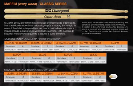 Liverpool Drumstick Marfim Classic Series Nylon Tip Drum Stick - LL 2BN 5AN 5BN 7AN