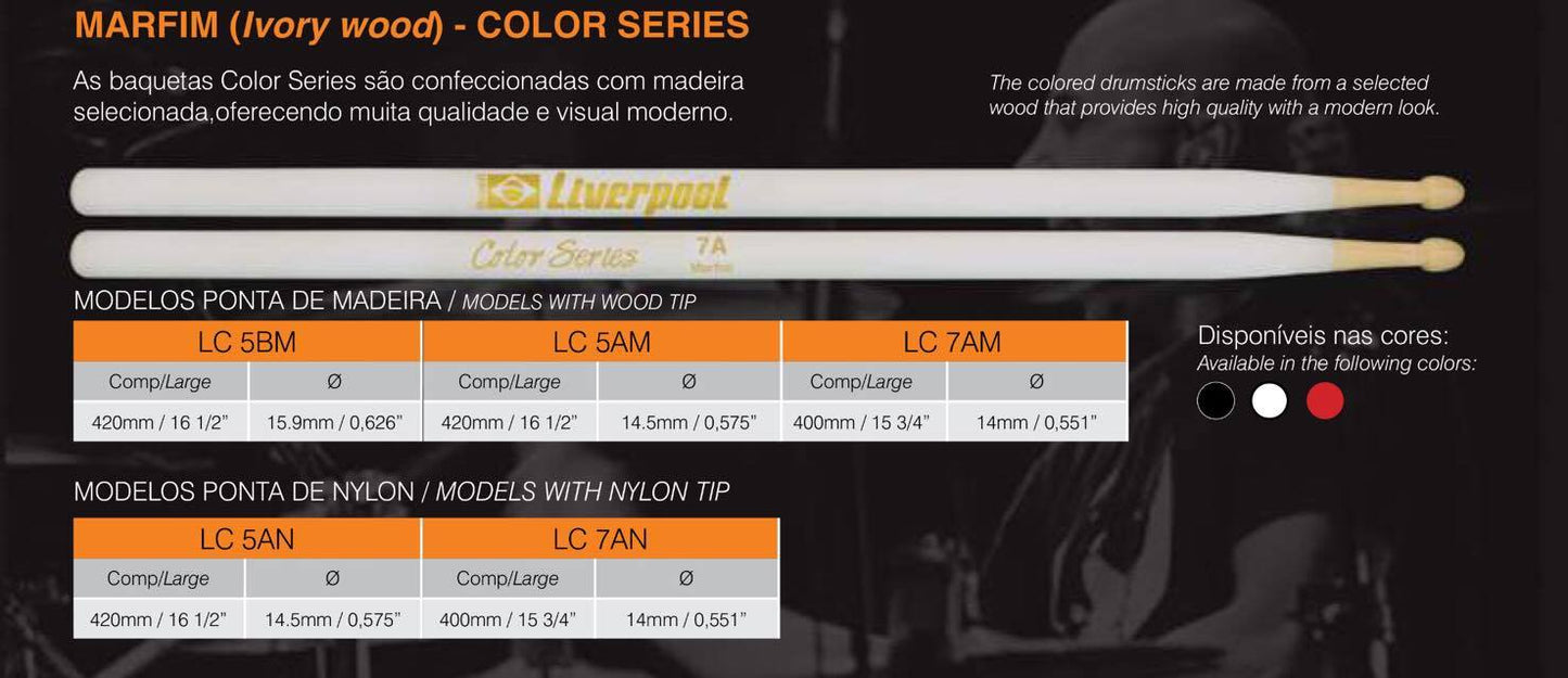 Liverpool Drumstick Color Series Marfim Wood Nylon Tip Drum Stick - LC 5AN 7AN