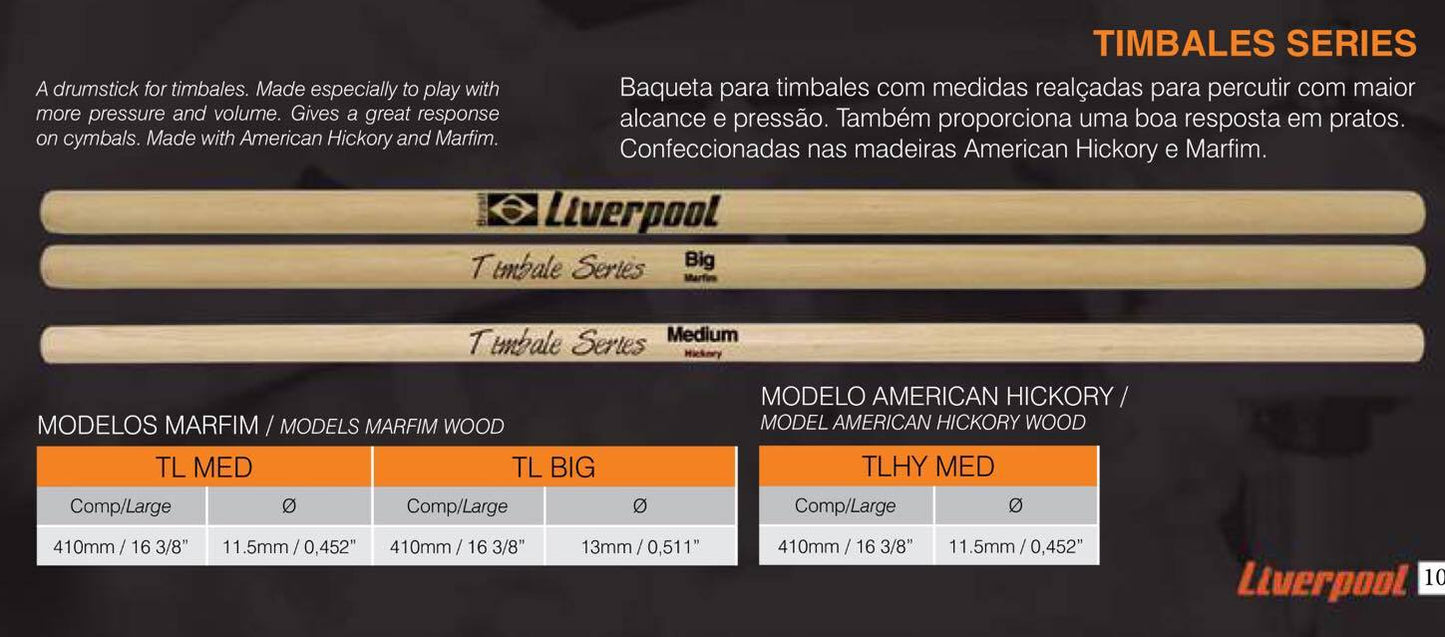 Liverpool TL Drumstick Timbales Series Line Marfim Wood Drum Stick -TL Big Med Medium
