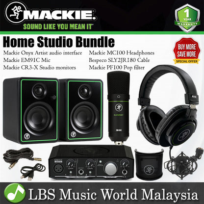 Mackie Home Studio Bundle Onyx Artist Audio Interface, EM91C Microphone, CR3X Monitor Speaker, MC100 Headphone (EM-91C CR3-X MC-100)