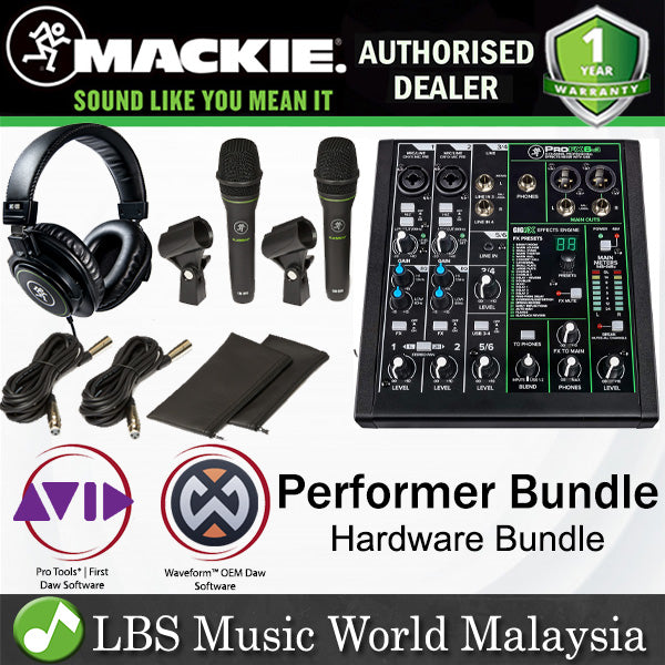 Mackie Performer Bundle with ProFX6v3 Mixer, EM-89D Microphone, MC-100 Headphone and Mic Stand (ProFx6 EM89D MC100)