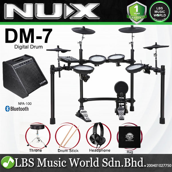 NUX DM-7 5-Piece Digital Electronic Drum Set with Mesh Head and NPA-100 Personal Monitor Amplifier (DM7)