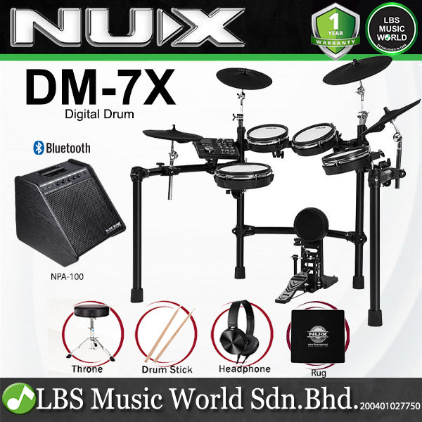 NUX DM-7X 5 Piece Full Mesh Digital Electronic Drum Set Head by Remo with NPA-100 Monitor Amplifier (DM7X NPA100)
