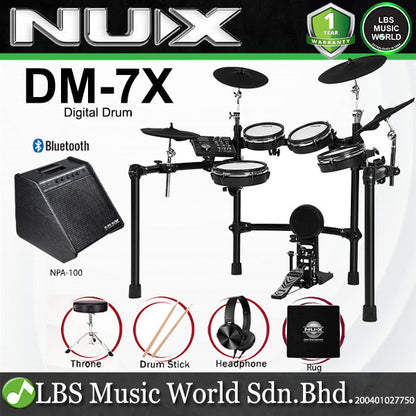 NUX DM-7X 5 Piece Full Mesh Digital Electronic Drum Set Head by Remo with NPA-100 Monitor Amplifier (DM7X NPA100)