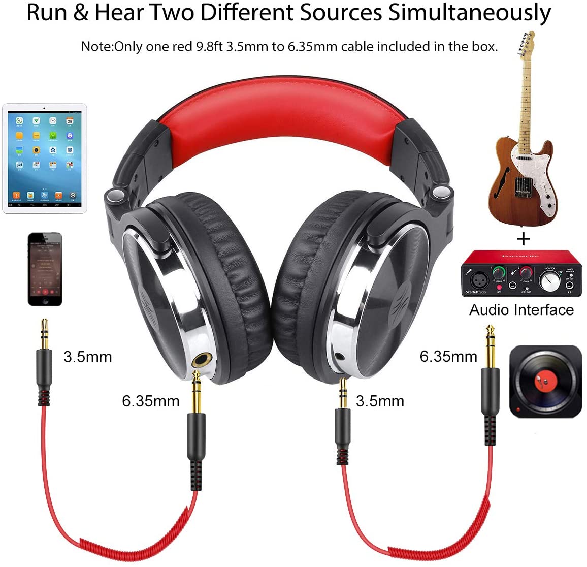 OneOdio Pro-10 DJ Adapter Free Closed Back Over Ear DJ Stereo Monitor Headphone Black Red (Pro10 Pro 10)