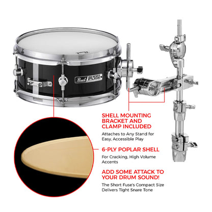 Pearl SFS10/C 10 x 4.5 Inch Short Fuse Snare Drum with Mount - Jet Black (SFS10C31)