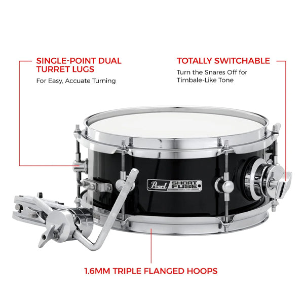 Pearl SFS10/C 10 x 4.5 Inch Short Fuse Snare Drum with Mount - Jet Black (SFS10C31)
