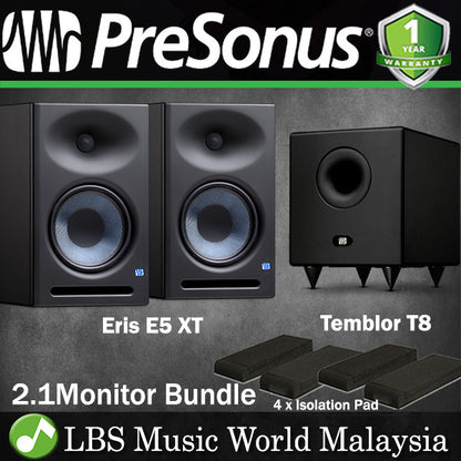 PreSonus Eris E5XT Powered Studio Monitor Pair with Temblor T8 Subwoofer Speaker (E5 XT)