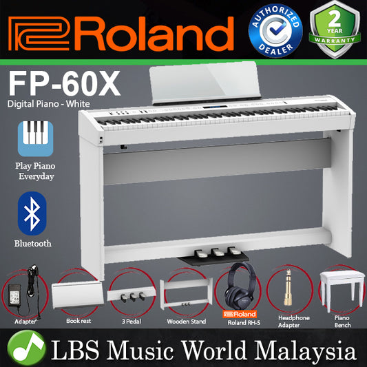 Roland FP-60X 88 Key Digital Piano with KSC-72 Wooden Stand and KPD-90 3 Pedal Bluetooth Function - White (FP60X FP60 X)