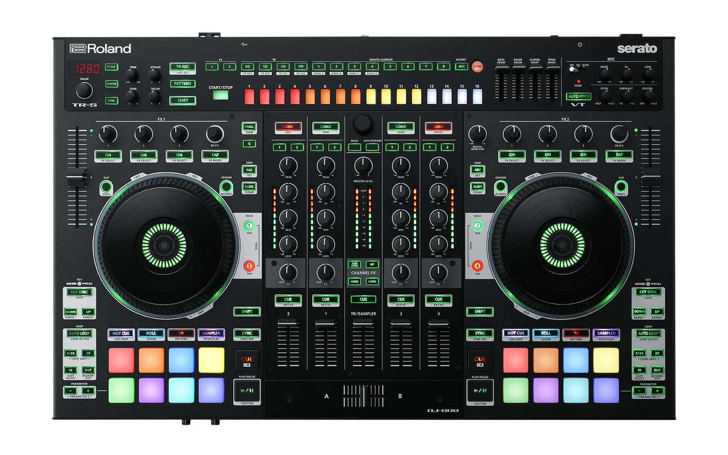 Roland DJ-808 Serato 4 Deck DJ Pro Controller with Drum Machine and Voice Transformer (DJ808 DJ 808)