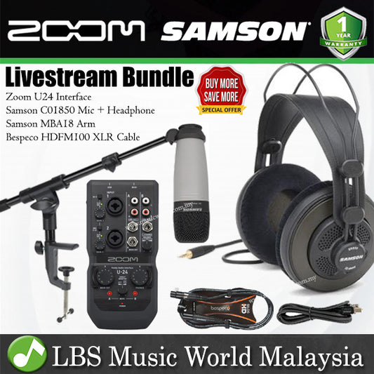Livestream Bundle with Zoom U24 Audio Interface, Samson C01 Microphone, SR850 Headphone, MBA18 Mic Stand (U-24 C-01 SR-850 MBA-18)