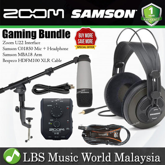 Gaming Bundle with Zoom U22 Audio Interface, Samson C01 Mic, SR850 Headphone, MBA18 Microphone Stand (U-22 C-01 SR-850 MBA-18)