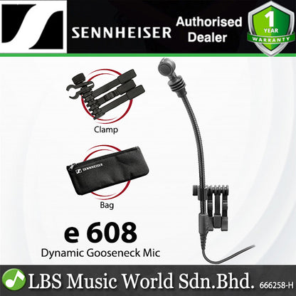 Sennheiser e 608 Dynamic Super Cardioid Miniature Mic Flexible Gooseneck Instrument Microphone with Bag (e608)