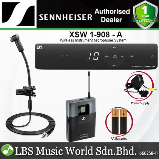 Sennheiser XSW 1-908 Wireless Instrument Microphone System with e908 Gooseneck Mic, SK-XSW Bodypack Transmitter and EM-XSW 1 Receiver (XSW1908)