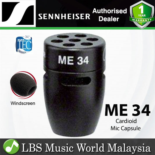 Sennheiser ME 34 Condenser Microphone Cardioid Mic Capsule for MZH Gooseneck with Windscreen - Black (ME34)