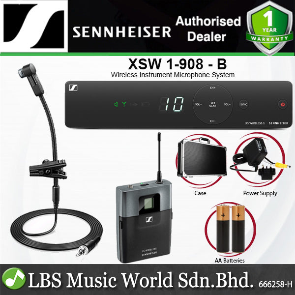 Sennheiser XSW 1-908 Wireless Instrument Microphone System with e908 Gooseneck Mic, SK-XSW Bodypack Transmitter and EM-XSW 1 Receiver (XSW1908)