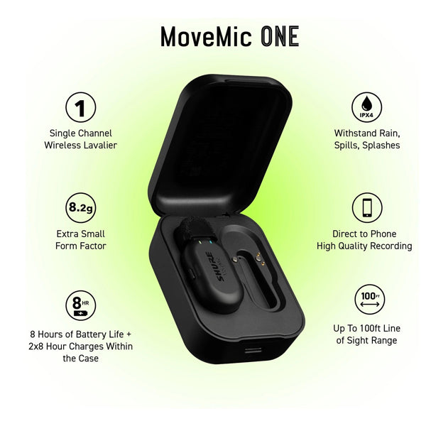 Shure MoveMic One Clip On Wireless Lavalier Microphone with Charging Case