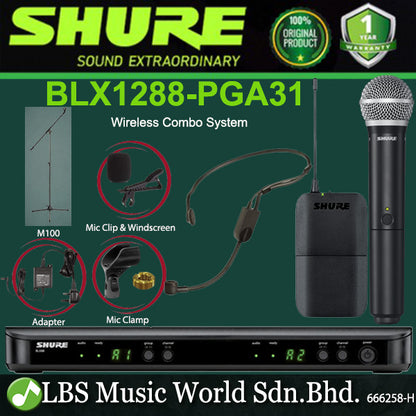 Shure BLX1288/P31 Wireless Combo System with PG58 Handheld Microphone and PGA31 Headset Mic (BLX1288 P31)