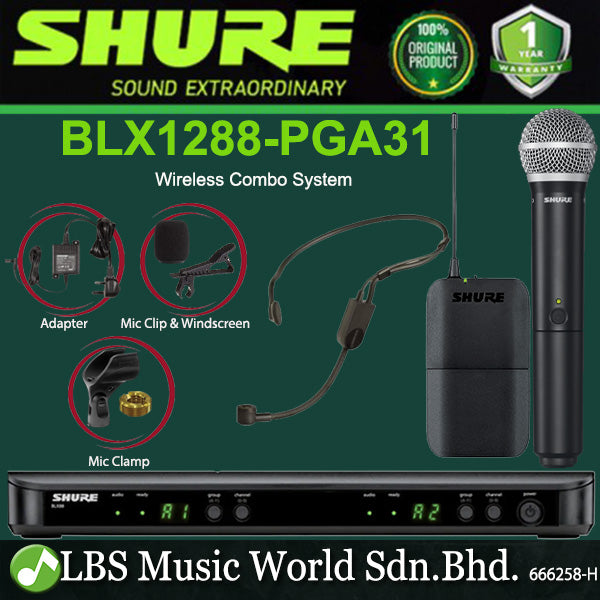 Shure BLX1288/P31 Wireless Combo System with PG58 Handheld Microphone and PGA31 Headset Mic (BLX1288 P31)