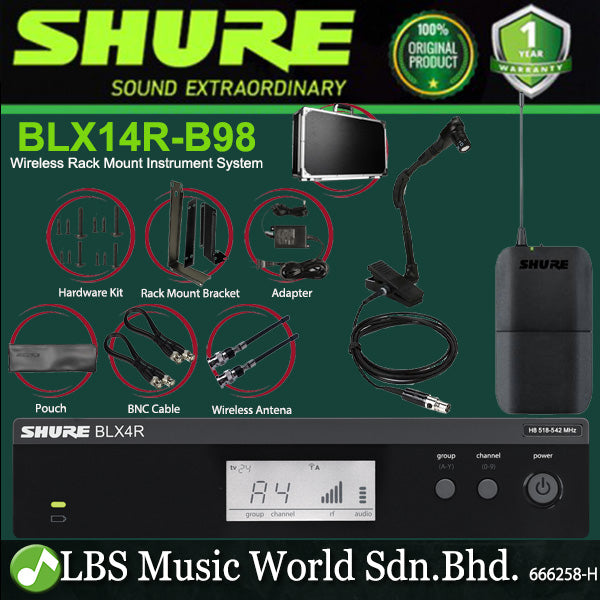 Shure BLX14R/B98 Wireless Rack Mount Instrument System with Beta 98H/C Clip-on Gooseneck Microphone (BLX14RB98 BLX14R B98)