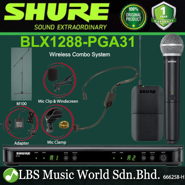 Shure BLX1288/P31 Wireless Combo System with PG58 Handheld Microphone and PGA31 Headset Mic (BLX1288 P31)