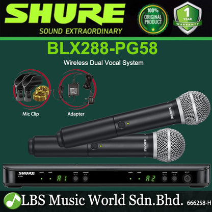 Shure BLX288/PG58 Wireless Dual Vocal System with two PG58 Handheld Microphone Transmitters (BLX288 PG58)