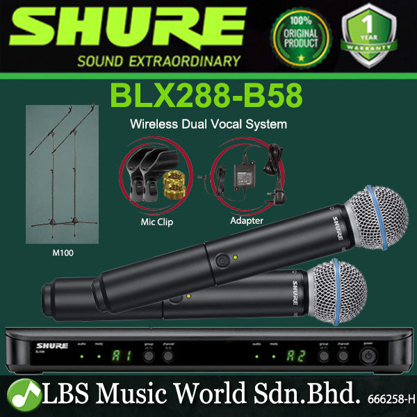 Shure BLX288-B58 Wireless Dual Vocal System with Two Beta 58A Handheld Microphone Transmitter (BLX288B58 BLX288 B58)