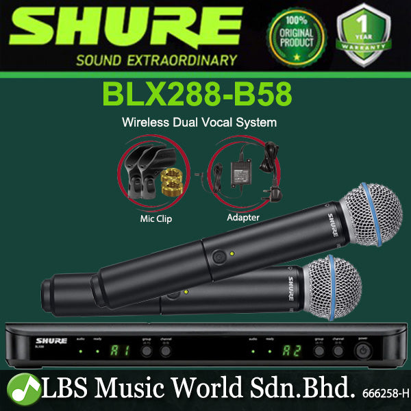 Shure BLX288-B58 Wireless Dual Vocal System with Two Beta 58A Handheld Microphone Transmitter (BLX288B58 BLX288 B58)