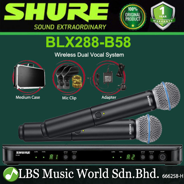 Shure BLX288-B58 Wireless Dual Vocal System with Two Beta 58A Handheld Microphone Transmitter (BLX288B58 BLX288 B58)