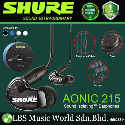 Shure AONIC 215 In Ear Sound Isolating Earphones Wired Detachable Cable with Case (AONIC215)