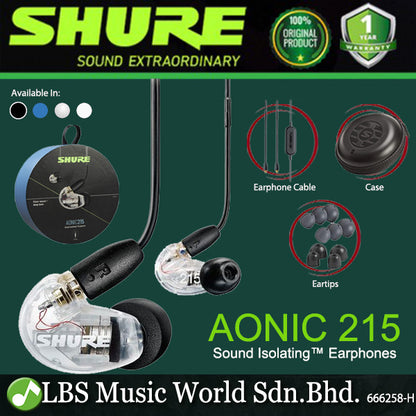 Shure AONIC 215 In Ear Sound Isolating Earphones Wired Detachable Cable with Case (AONIC215)