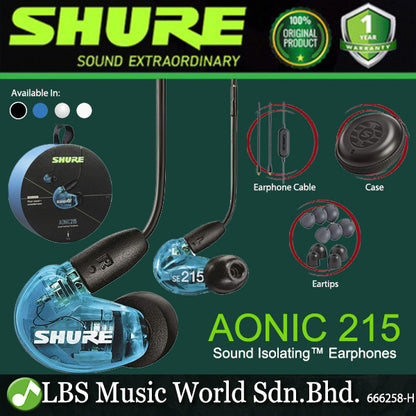 Shure AONIC 215 In Ear Sound Isolating Earphones Wired Detachable Cable with Case (AONIC215)